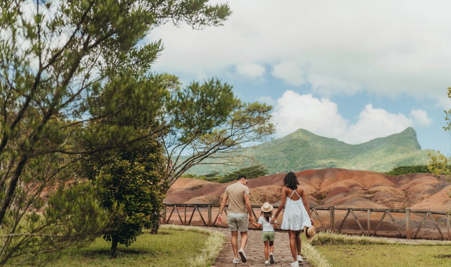 Family visiting the Seven Colour Earth in Mauritius