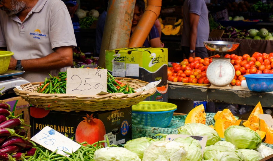 Flacq market in the east of Mauritius with colorful stalls and local produce