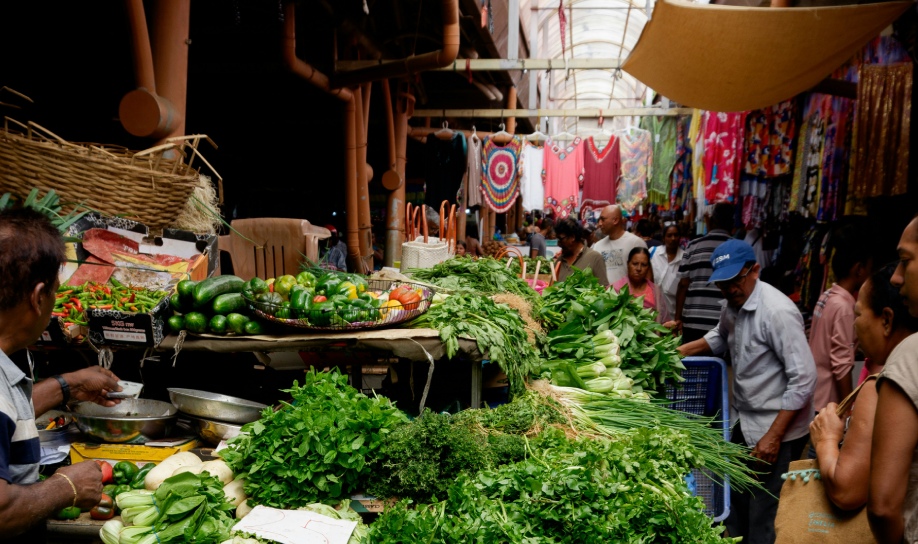 Popular Goodlands market in northern Mauritius with colorful stalls and local produce
