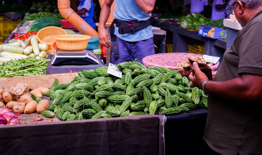 Mahébourg market in southern Mauritius with colorful stalls and local produce