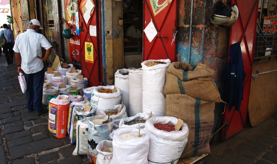 Port Louis market in Mauritius with colorful spices and local products on display