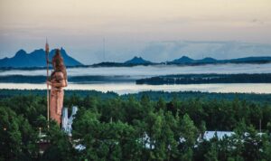 A breathtaking view of the vast Grand Bassin with the majestic Shiva statue