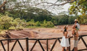 Family visiting the Chamarel Seven Colored Earth Geopark in Mauritius